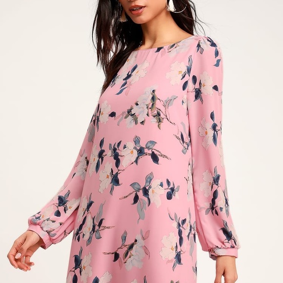 Blush Pink Floral Print Long Sleeve Shift Dress - Picture 2 of 6